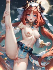 This is a illustration of a beautiful girl with red hair and horns wearing a fantasy costume.