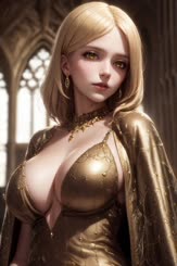 a woman with a very large breast wearing a gold dress