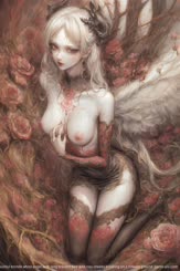 An illustration of a beautiful blonde white angel with long braided hair and rosy cheeks kneeling on a flowery ground.