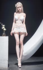 a woman in a white lingerie dress on a stage