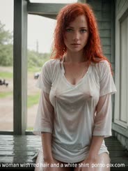a woman with red hair and a white shirt 
