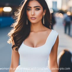 a beautiful woman in a white dress with long hair . 