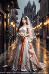 a woman in a wedding dress is holding a bouquet of flowers . 