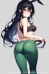 a girl with long black hair wearing green pants . 
