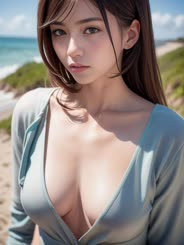 a beautiful young woman with very large breasts in a gray low cut top at the beach.