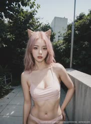 a woman with pink hair wearing a pink bra top . 