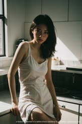 a beautiful woman in a white dress standing in a kitchen . 
