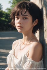 a short haired woman with a white top leaning against a wall outside.