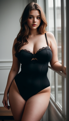 a plus size model wearing a black body stocking leaning against a window with a white frame.