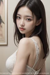 A beautiful asian girl in a white lace bra looking over her shoulder