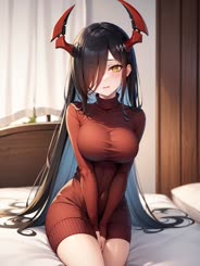 a girl with long hair and horns on her head