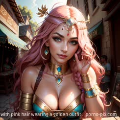 a beautiful woman with pink hair wearing a golden outfit . 