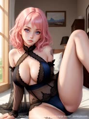 a beautiful woman with pink hair and a large breast . 