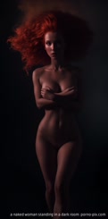 a naked woman standing in a dark room 