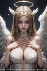 An image of a beautiful white angel with a halo and gold wings.