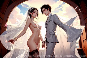 a naked man and woman holding hands in a wedding scene . 