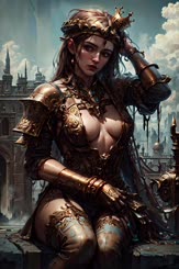 a beautiful woman wearing a gold armor with a castle in the background