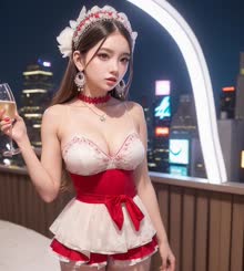 a beautiful young lady wearing a maid costume holding a glass of wine