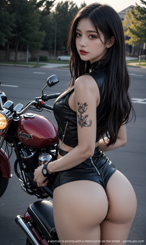 a woman is posing with a motorcycle on the street . 