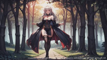 A beautiful anime girl with white hair wearing a black dress walking through the forest.