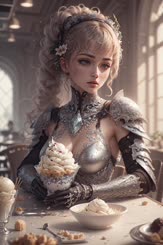 a woman wearing a metal armor and holding a cupcake