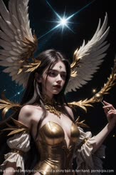 A model dressed as a winged goddess with a gold and bronze costume and a shiny ball in her hand.