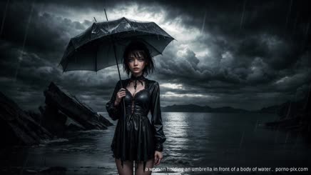 a woman holding an umbrella in front of a body of water . 