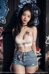A Korean girl with heavy makeup and short hair wearing a white top and short shorts with graffiti in the background.