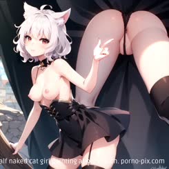 This is a picture of a half naked cat girl pointing at her crotch.