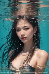 a beautiful young lady with wet hair and a necklace under water . 