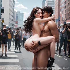 depicts a naked woman being carried by a man in a city street. The woman has long hair and is tightly hugging the man with her arms wrapped around his back. The man is wearing a black leather glove on his left hand and h