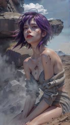a woman with purple hair standing in the desert