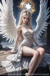An image of a beautiful white winged angel sitting on a wooden platform with a starry sky background.