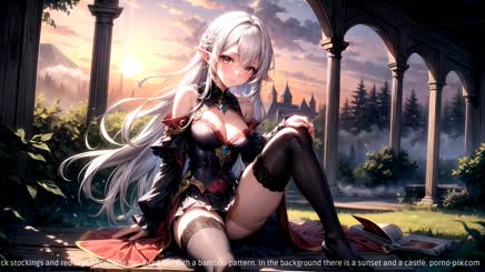 is of a white haired anime girl sitting on a stone porch. She is wearing a black corset black stockings and red high heels. She has a red fan with a bamboo pattern. In the background there is a sunset and a castle.