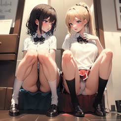 The image features a chair with two girls sitting on it.