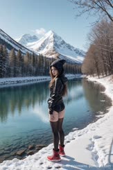 a woman standing in front of a lake and snow covered mountains.
