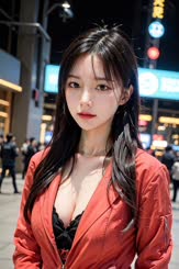 Sultry Asian beauty in red dress exposes her cleavage