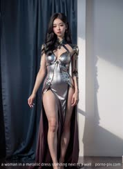 a woman in a metallic dress standing next to a wall . 