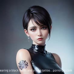 a person wearing a black outfit and a rose tattoo . 