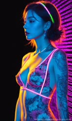a woman with a tattoo wearing a blue bra 
