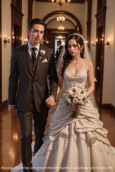 A man and woman are dressed as a bride and groom holding hands in a hallway.