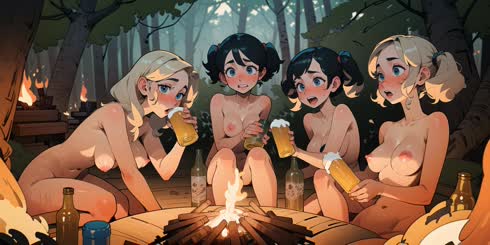 three women are sitting around a fire with beers