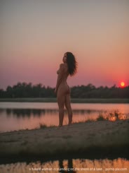 a naked woman is standing on the shore of a lake . 