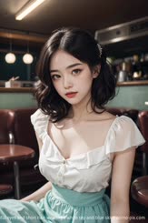 a doll with beautiful eyes and short hair wearing a white top and blue skirt.