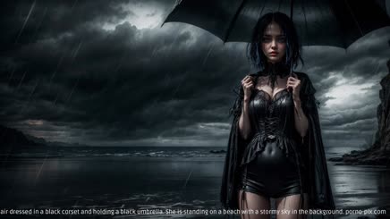 is of a gothic woman with black hair dressed in a black corset and holding a black umbrella. She is standing on a beach with a stormy sky in the background.