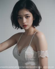 a beautiful woman with short hair wearing a white dress . 