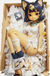 a woman in a box wearing a white outfit 