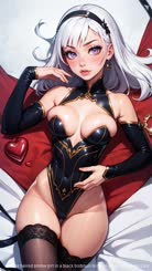 a white haired anime girl in a black bodysuit lying on a bed.