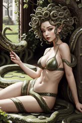 a woman in a bikini sitting on a chair with snakes around her . 