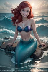 a beautiful red haired woman in a blue bikini sitting on a rock in the ocean . 